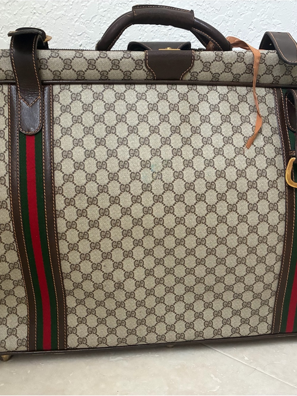 Gucci Beige GG Canvas Travel Bag with Brown Leather and Green-Red Web